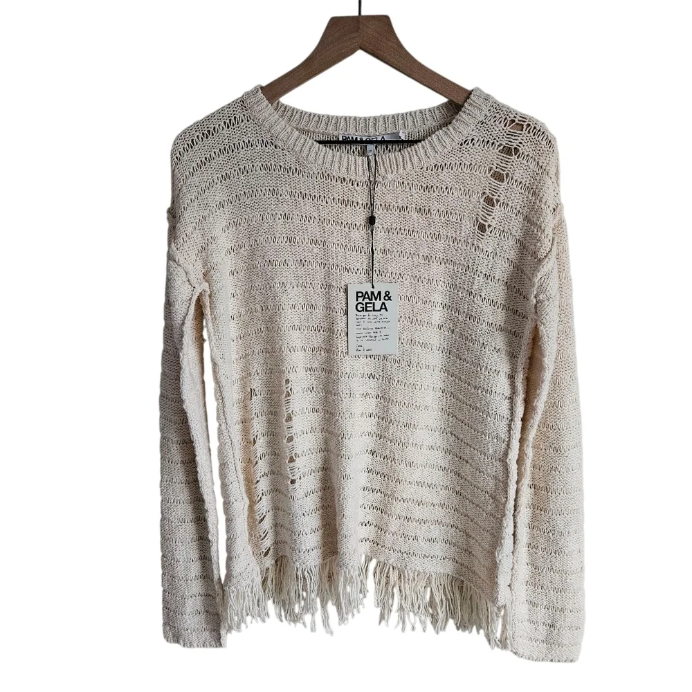 Pam & Gela Cream Fringe Open Back Sweater NWT